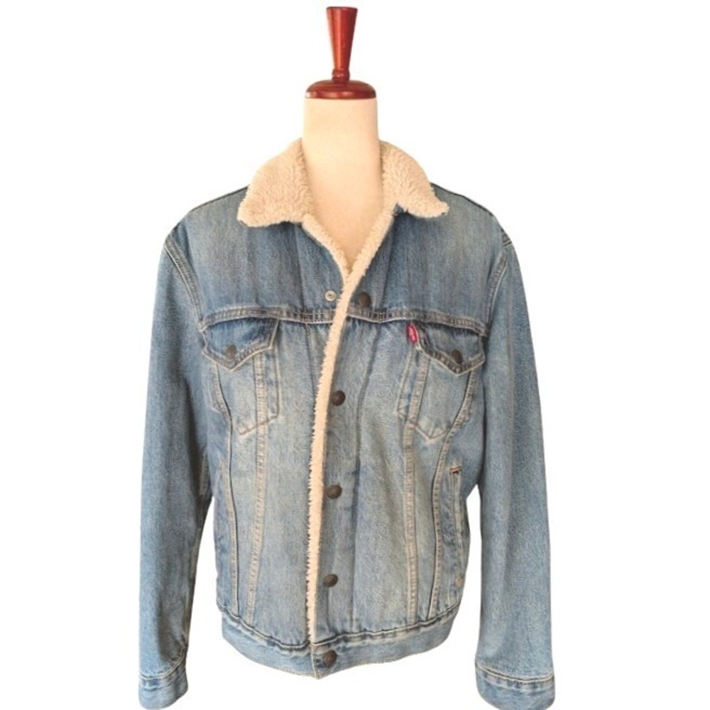 Levis Mens Sherpa Lined Trucker Jacket Light Wash Blue Denim Small Unisex